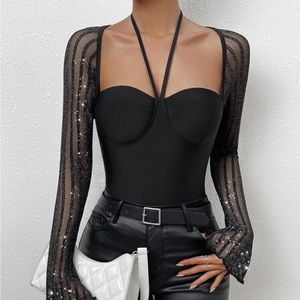 Black body suit with sheer sleeves
